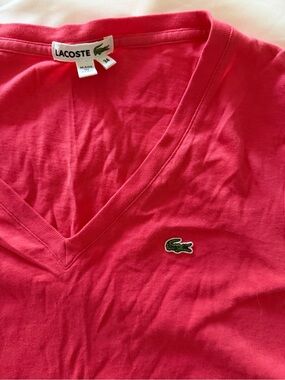 Lacoste V-Neck Tee in Hot Pink with Green Crocodile